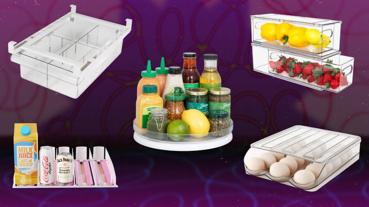 A perfectly organized refrigerator interior with various clear storage bins, neatly arranged produce, condiments, and beverages.