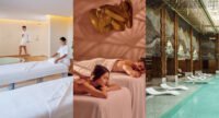 Un couple se relaxant dans un spa luxueux, recevant un massage en duo, avec une ambiance romantique et des éléments de décoration raffinés.