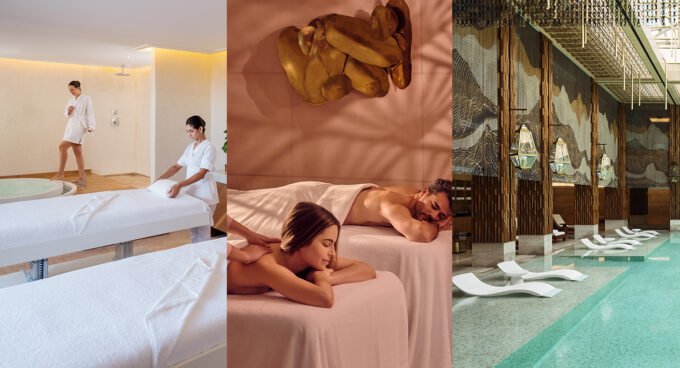 Un couple se relaxant dans un spa luxueux, recevant un massage en duo, avec une ambiance romantique et des éléments de décoration raffinés.