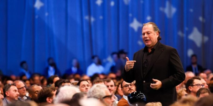 Salesforce CEO Marc Benioff speaking at a keynote event