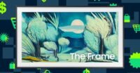 Samsung 2025 Frame TV displaying artwork in a modern living room setting, blending seamlessly with decor.