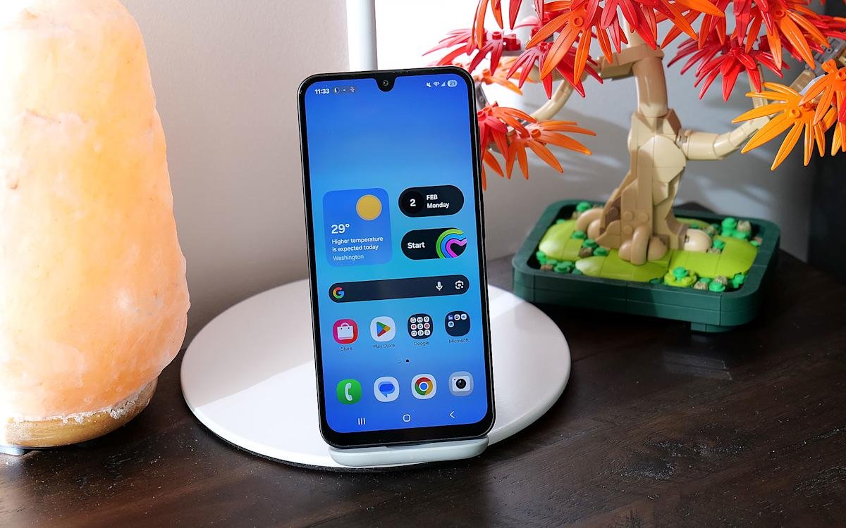 A close-up view of the Samsung Galaxy A17 5G smartphone, showcasing its display and camera module.