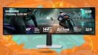 A large, curved Samsung Odyssey OLED G9 gaming monitor displaying vibrant game graphics.
