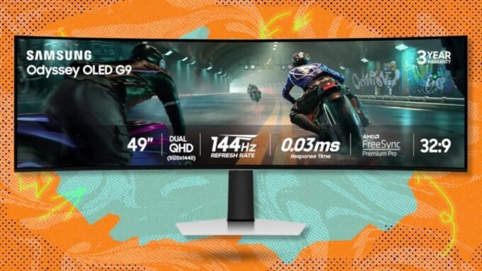 A large, curved Samsung Odyssey OLED G9 gaming monitor displaying vibrant game graphics.