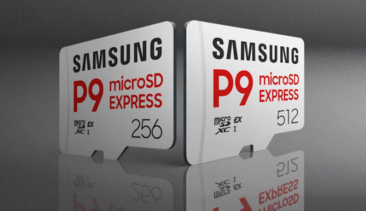 Samsung P9 microSD Express 512GB card, ideal for Nintendo Switch 2 and Steam Deck, shown with its packaging.