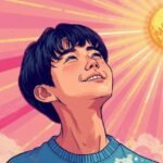 A child looking thoughtfully at a notebook, with a faint, warm glow surrounding them, symbolizing hope and inner transformation.