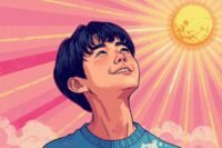 A child looking thoughtfully at a notebook, with a faint, warm glow surrounding them, symbolizing hope and inner transformation.