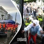 Residents returning to their homes in Sidi Kacem after flood evacuations, with damaged infrastructure in the background.