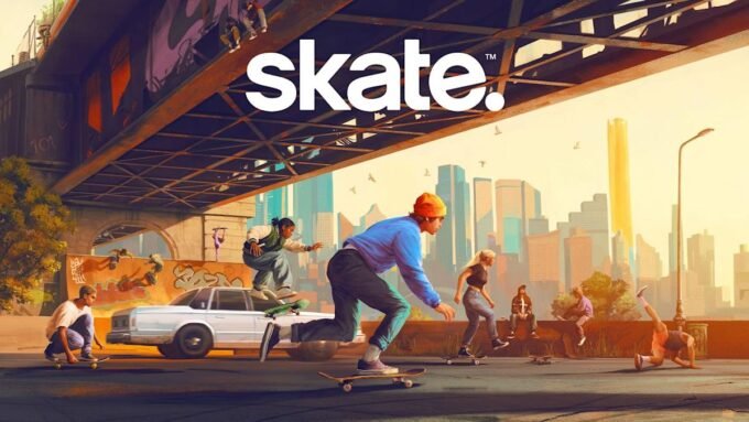 A screenshot of the Skate game logo with a blurred background of a skateboarder in action.