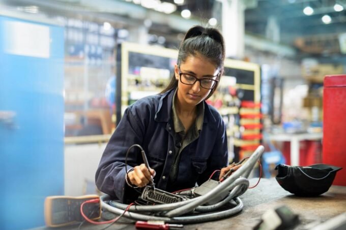 Young worker in a hard hat looking at a digital tablet, symbolizing the blend of traditional trades and modern technology.