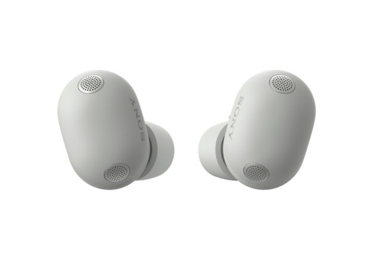 Leaked images of Sony WF-1000XM6 earbuds in black and white, showing their new pill-shaped design and charging case