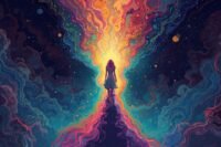 A person standing at a crossroads, looking empowered, with cosmic elements subtly in the background, symbolizing personal choice over external forces.