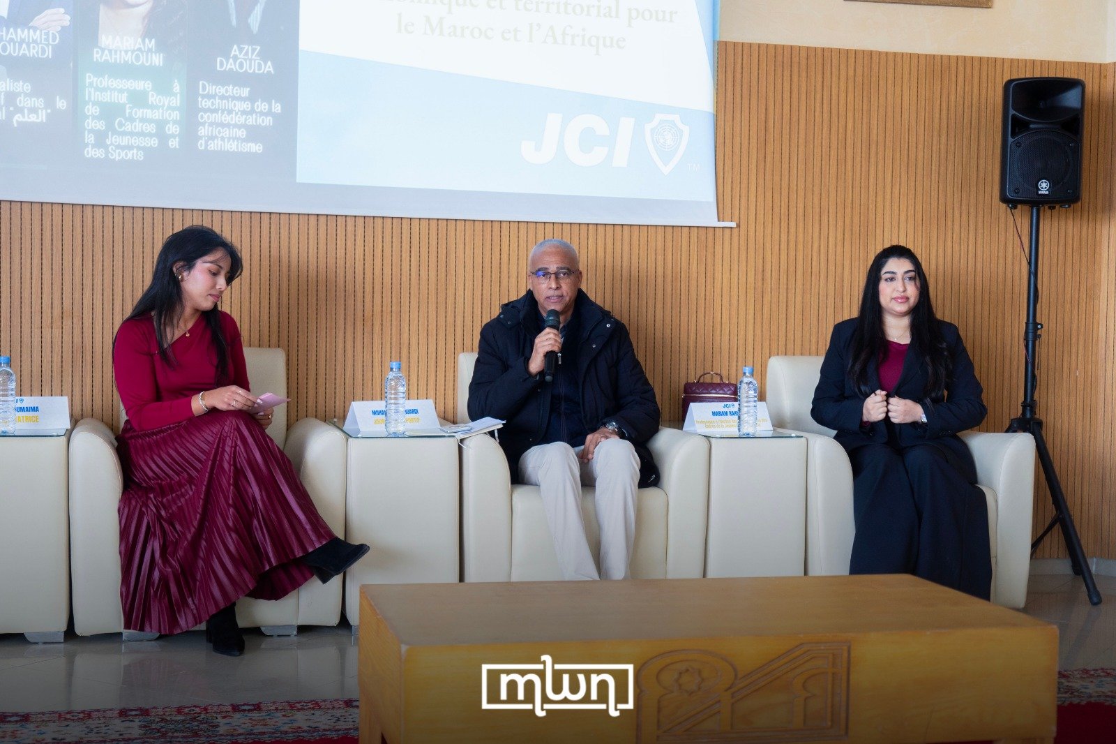 Students and experts engaging in a discussion about sport diplomacy at the JCI Rabat Rentrée Solennelle 2026 at Mohammed V University.