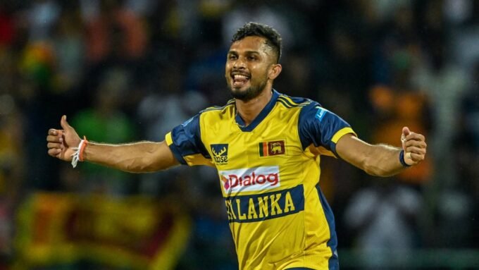 Cricket players in action during a T20 World Cup match between Sri Lanka and Ireland