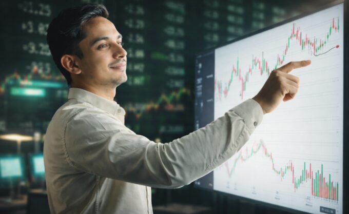 A person analyzing stock charts on a computer with financial graphs in the background, representing stock evaluation.