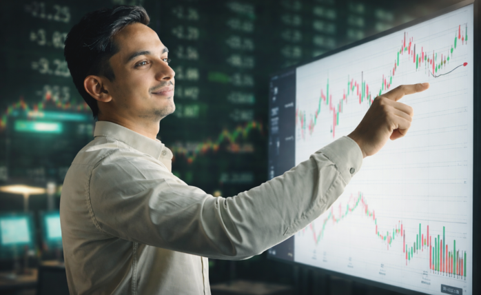 A person analyzing stock charts on a computer with financial graphs in the background, representing stock evaluation.