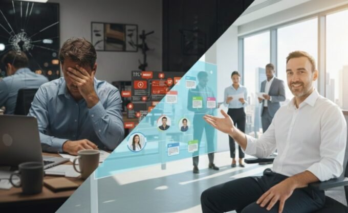 A person strategically delegating tasks, with a clear desk and a calm expression, symbolizing effective time management and reduced burnout.