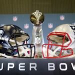 New England Patriots and Seattle Seahawks helmets facing off on a football field with the Super Bowl LX logo in the background.