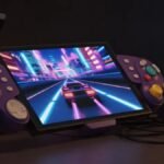 Abxylute N9C GameCube-style controller shell with a Nintendo Switch 2 console inserted, displaying gameplay.