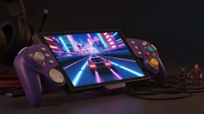 Abxylute N9C GameCube-style controller shell with a Nintendo Switch 2 console inserted, displaying gameplay.