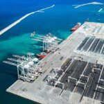 Aerial view of Tanger Med Port with container ships and terminals