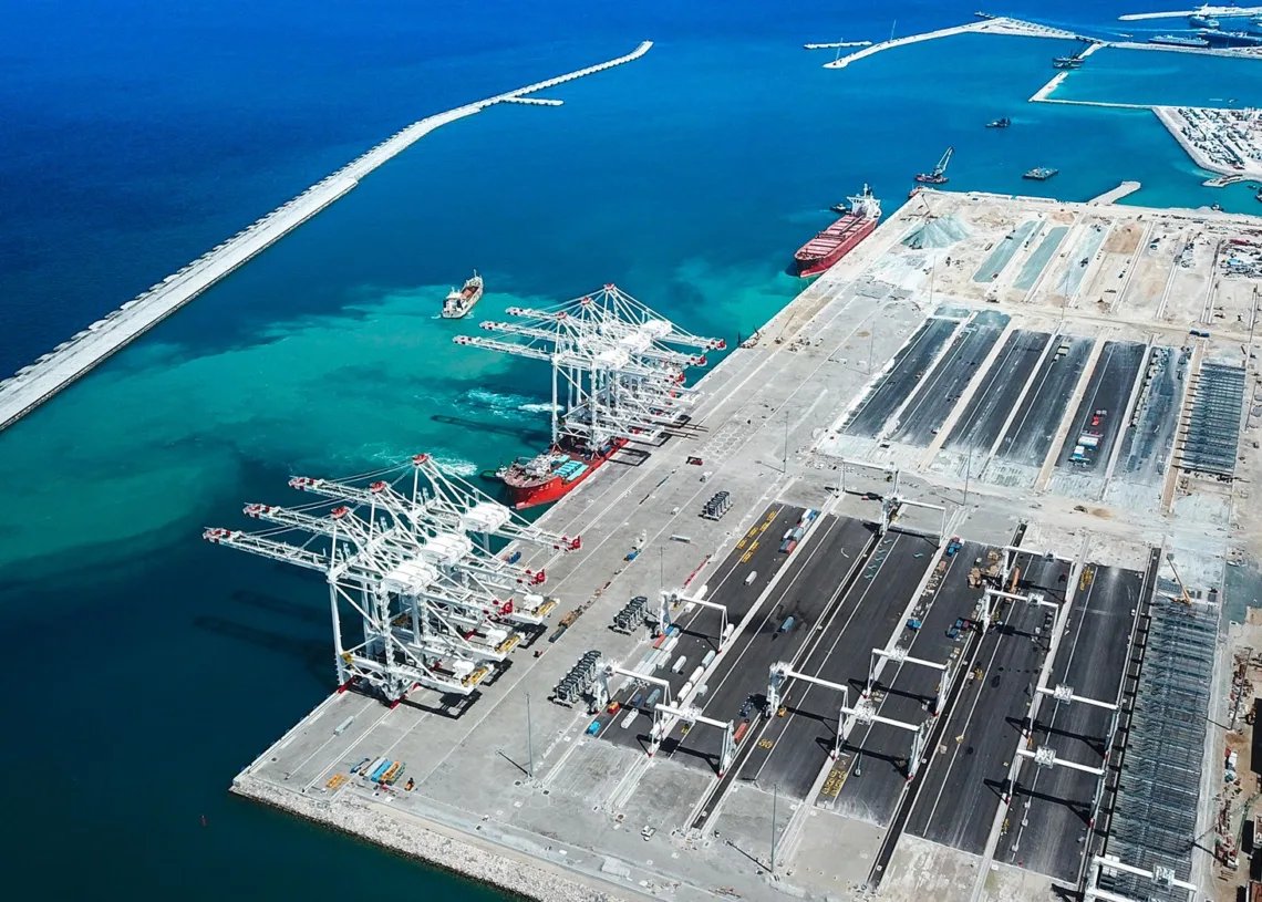 Aerial view of Tanger Med Port with container ships and terminals