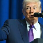 President Donald Trump making an announcement, with a backdrop suggesting Middle East tensions and rising oil prices.