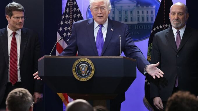 Trump Defies Supreme Court, Imposes New 10% Global Tariff Amidst Fiery Rebuke 9 Donald Trump speaking at a podium, with a backdrop of American flags, discussing trade policy.