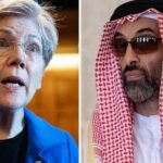 Senator Elizabeth Warren speaking, with a blurred image of Sheikh Tahnoon bin Zayed Al Nahyan in the background, symbolizing the controversy over UAE AI chip sales.