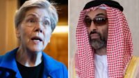 Senator Elizabeth Warren speaking, with a blurred image of Sheikh Tahnoon bin Zayed Al Nahyan in the background, symbolizing the controversy over UAE AI chip sales.