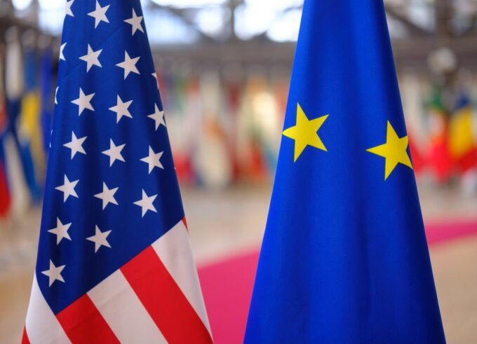USA and EU flags side by side, symbolizing economic and political relations