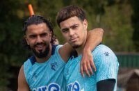 Watford's Othmane Maamma and Imrân Louza celebrate a goal during their Championship match against Preston North End.