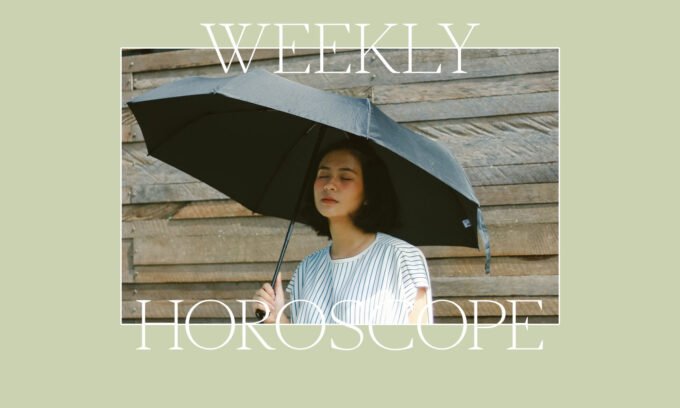 Astrology chart overlayed with celestial elements, symbolizing the week's horoscope influences for love and ambition.