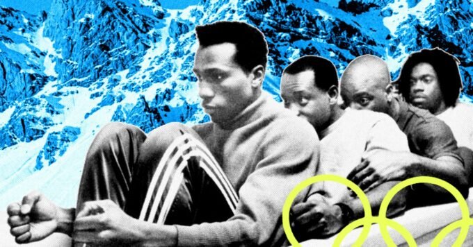 A collage of iconic scenes from Winter Olympics-themed movies, including ice hockey, ski jumping, bobsledding, and figure skating.