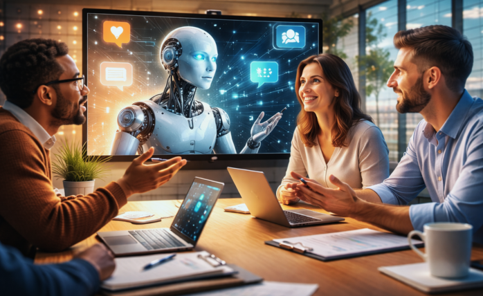 An abstract image showing human hands interacting with digital interfaces, symbolizing technology fostering human connection and empathy in the workplace.