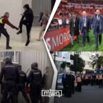 Contrasting images of Moroccan security forces calmly managing a crowd and Spanish police using force against football fans.