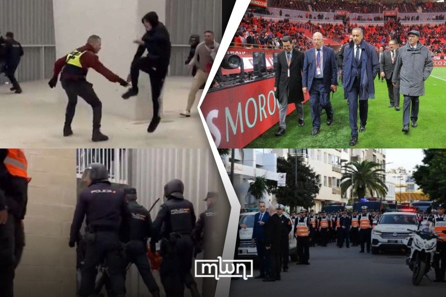 Contrasting images of Moroccan security forces calmly managing a crowd and Spanish police using force against football fans.