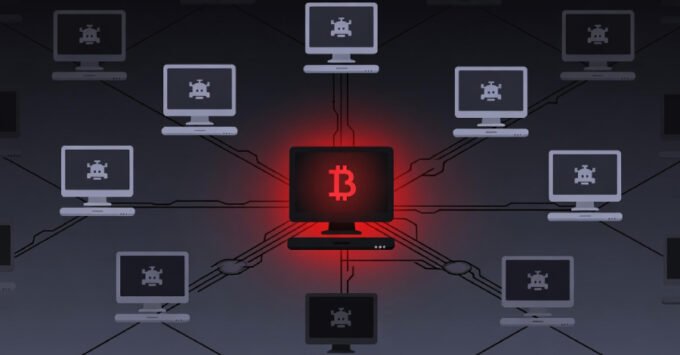 Diagram illustrating a multi-stage cryptojacking attack with worm-like propagation, BYOVD exploit, and a time-based logic bomb.