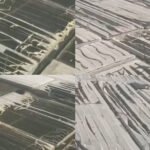 Vue aérienne des serres agricoles détruites à Chtouka-Aït Baha après la tempête, montrant des bâches arrachées et des structures effondrées.