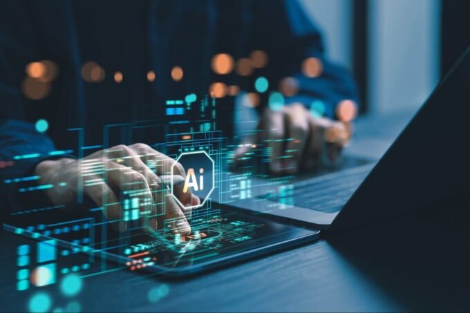 A solopreneur looking relaxed while a team of abstract digital AI agents work autonomously on various business tasks on a screen, symbolizing efficiency and automation.