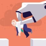 An illustration depicting a human worker interacting with a robotic or AI interface, symbolizing an AI boss or supervisor.