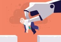 An illustration depicting a human worker interacting with a robotic or AI interface, symbolizing an AI boss or supervisor.