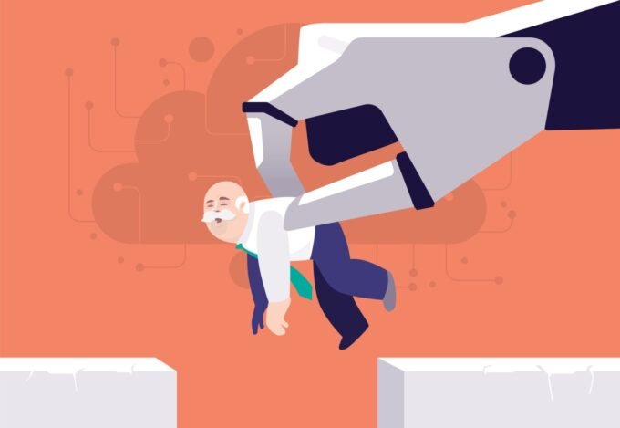 An illustration depicting a human worker interacting with a robotic or AI interface, symbolizing an AI boss or supervisor.