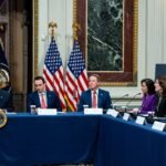 President Donald Trump with leaders of major tech companies signing a pledge at the White House, addressing data center energy demands.