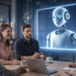 An AI-powered virtual assistant icon overseeing a diverse group of professionals collaborating in a modern meeting room, symbolizing efficient and inclusive business discussions.