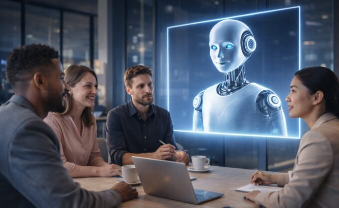 An AI-powered virtual assistant icon overseeing a diverse group of professionals collaborating in a modern meeting room, symbolizing efficient and inclusive business discussions.