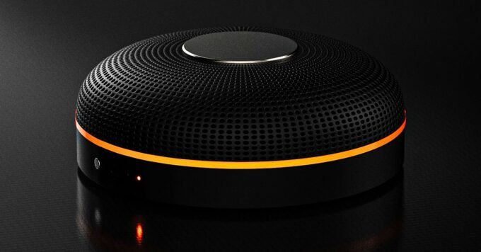 The sleek, portable tabletop orb of the Deveillance Spectre I microphone jammer