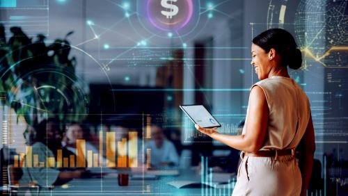 An illustration of a solopreneur leveraging various AI tools to manage and grow their business efficiently.