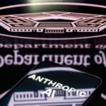 Illustration depicting a clash between artificial intelligence and national security, with a digital brain and a shield.