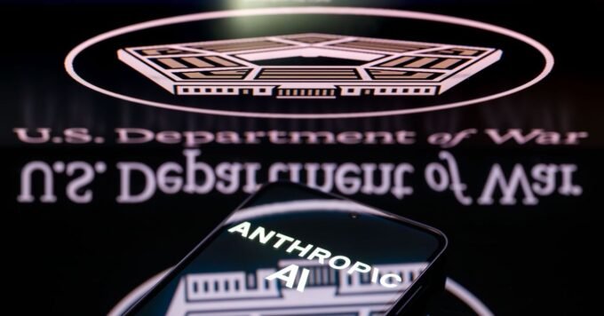 Illustration depicting a clash between artificial intelligence and national security, with a digital brain and a shield.